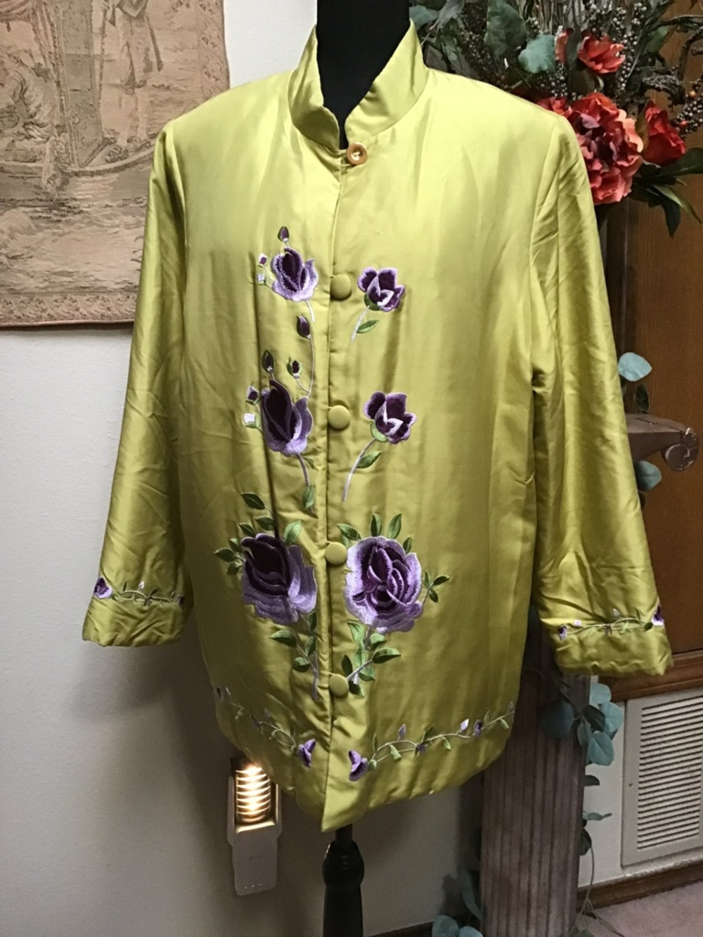 Embroidered Silk-Lime Green Blazer/Jacket with Purple Floral Detail